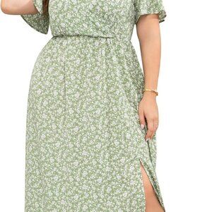 Women Plus Size Wrap Maxi Dress Flutter Sleeves Side Split Casual Elegant